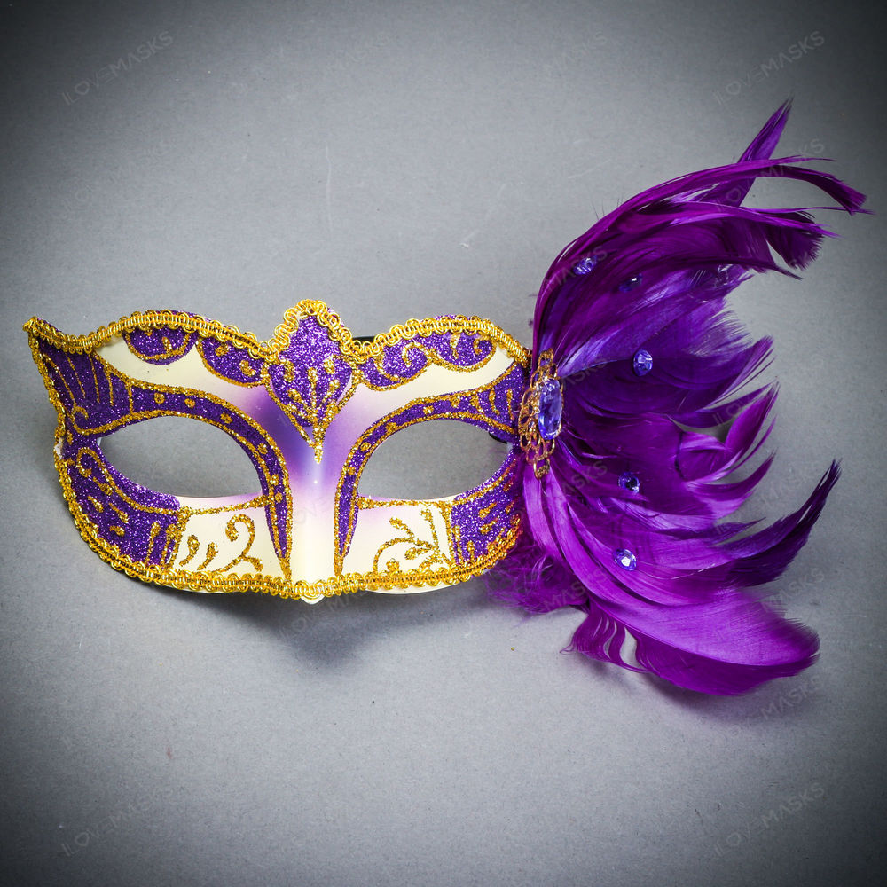 Venetian Purple Side Feather Glitter Ivory Women Eyes Mask Masquerade Prom Mask
